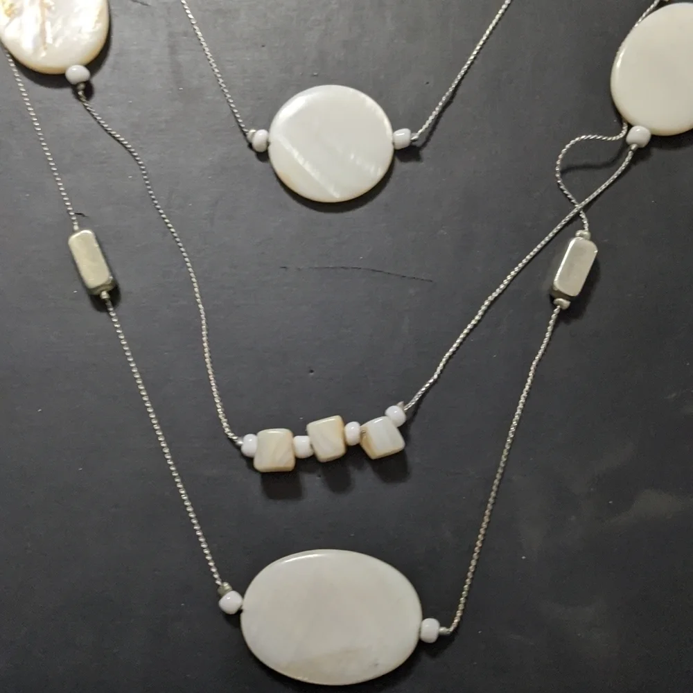𝅺Silver Tone White Disc and Bead Multi Strand Layered Long Statement Necklace